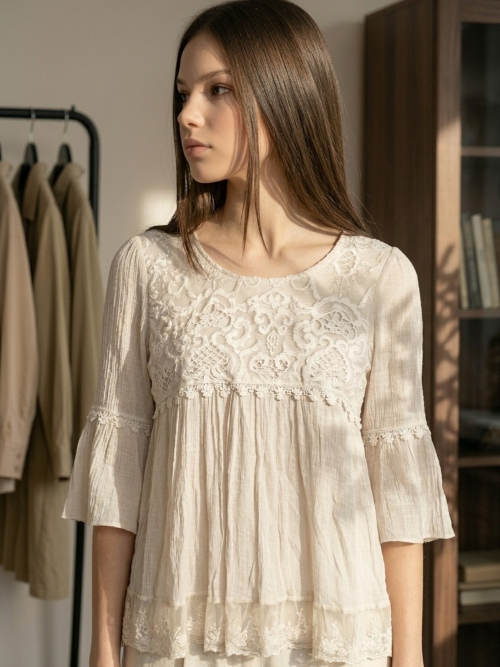 Women's Lace Yoke Crinkle Blouse - Cream